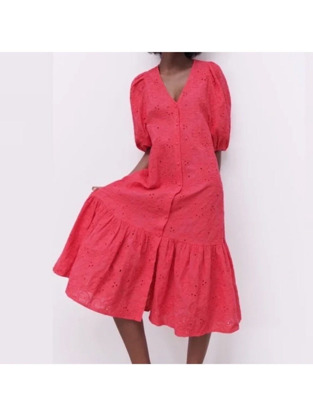Zara - Eyelet Puff Sleeve Midi Dress in Coral Pink - Size Small - Good Condition
